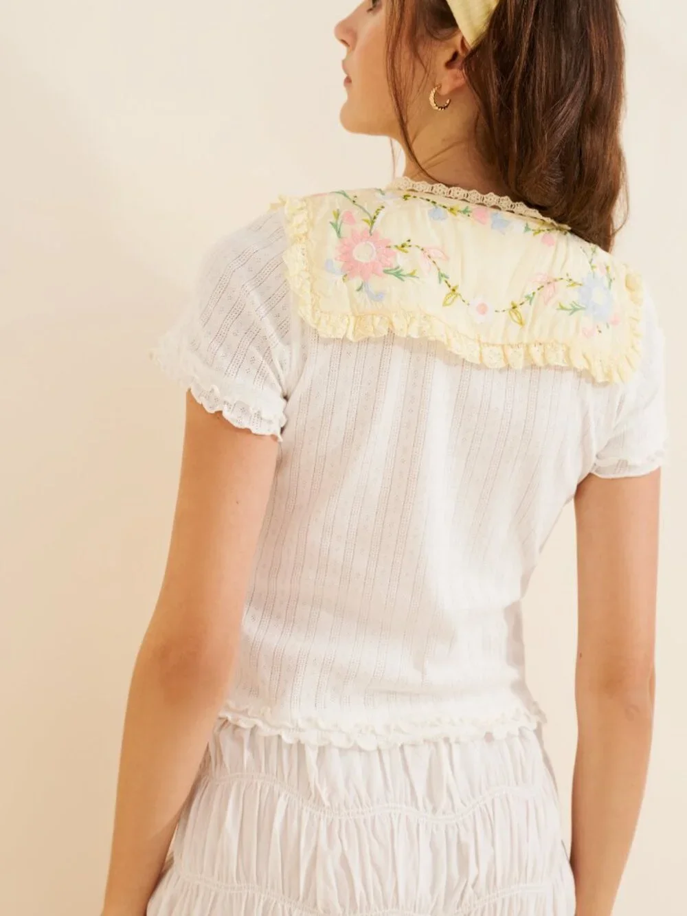 Free People Pointelle Blouse with Bow & Peter Pan Collar